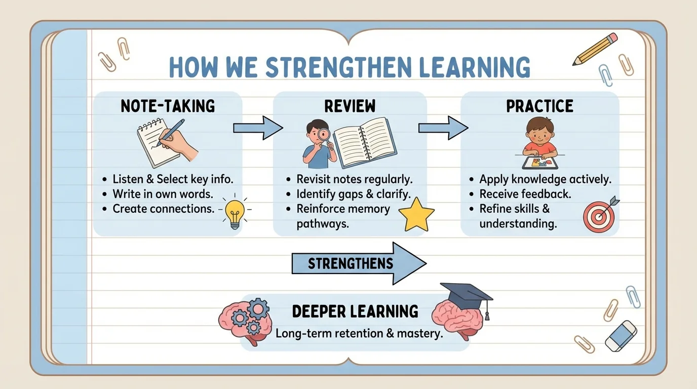 Child-friendly notebook page with title, short bullet notes, star for important idea, and small drawing next to a keyword