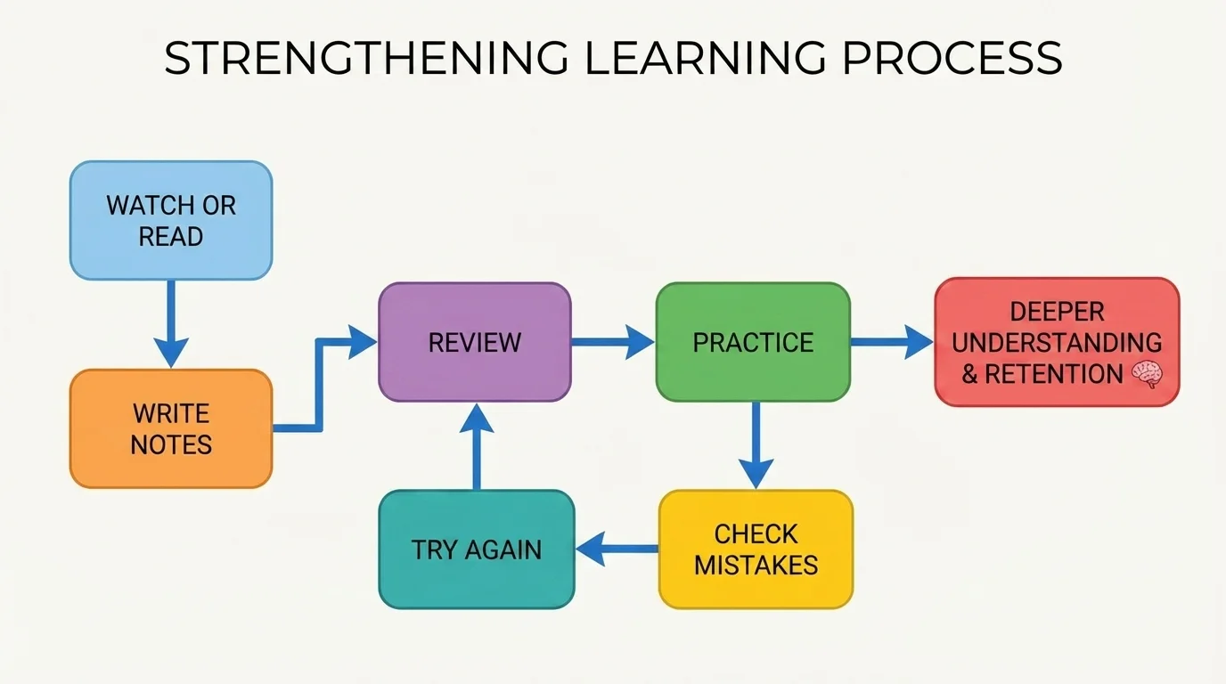Flowchart with boxes labeled watch or read, write notes, review, practice, check mistakes, and try again