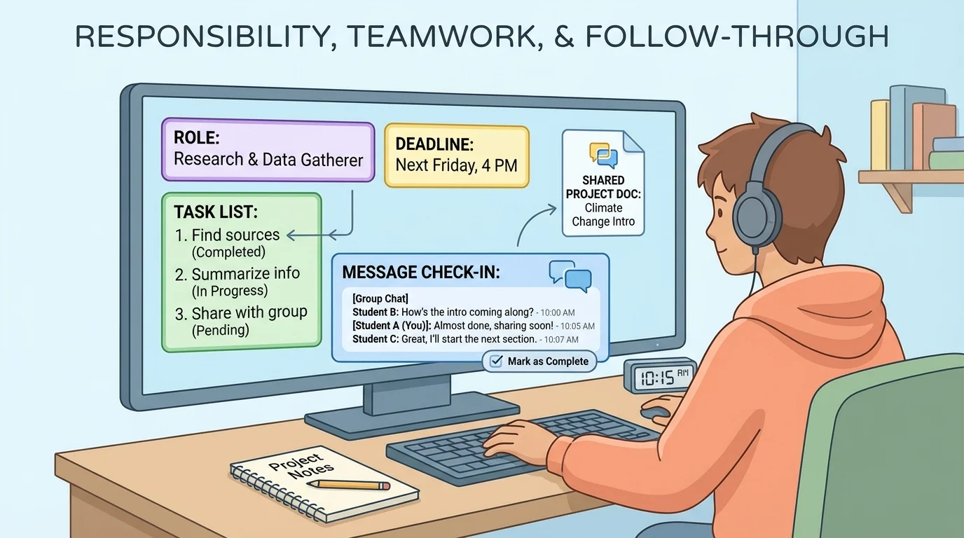 Student at home computer during an online class project with simple labels for role, task list, deadline, and message check-in
