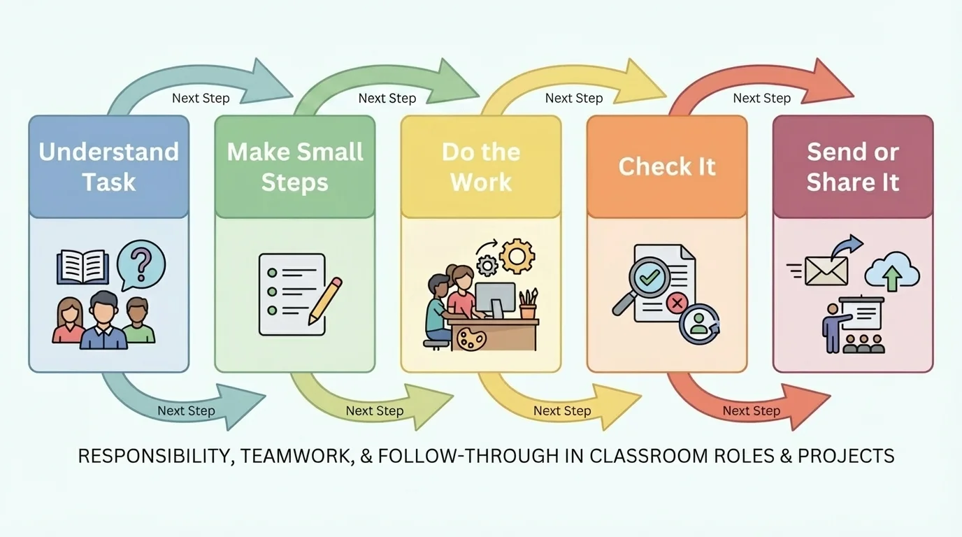Project process with five boxes and arrows labeled understand task, make small steps, do the work, check it, send or share it