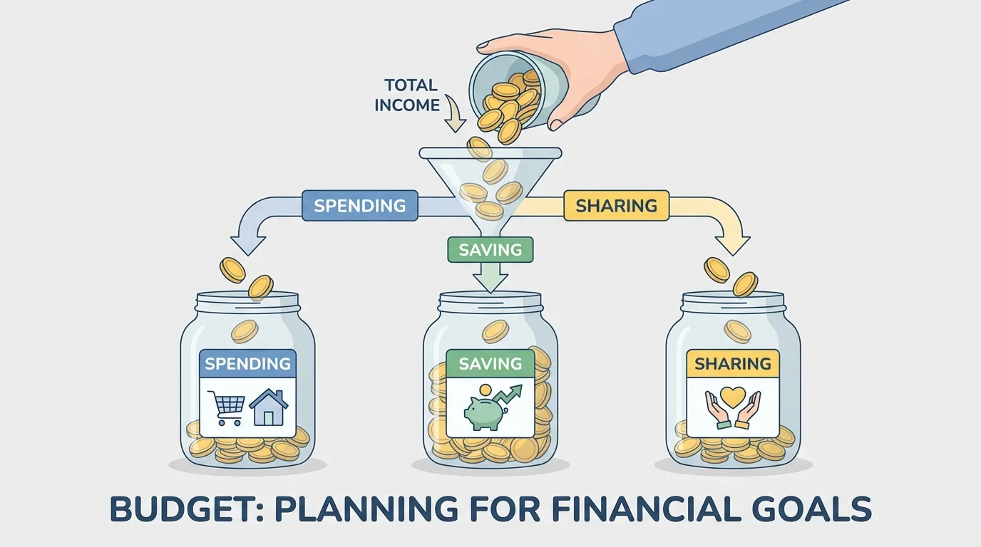 Illustration of three labeled jars for spending, saving, and sharing with coins being divided among them