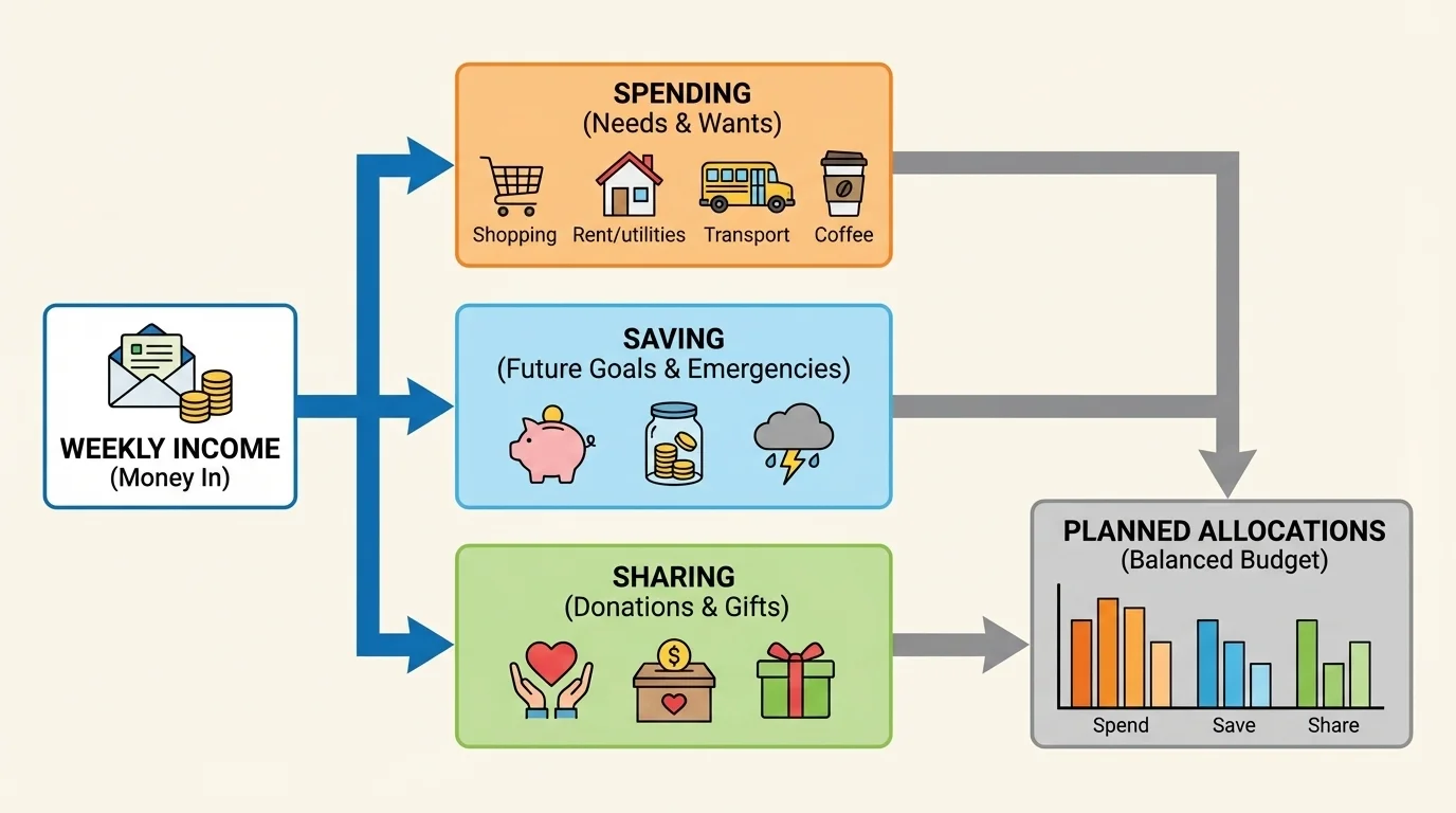 Chart showing a weekly budget with money coming in and amounts set aside for spending, saving, and sharing