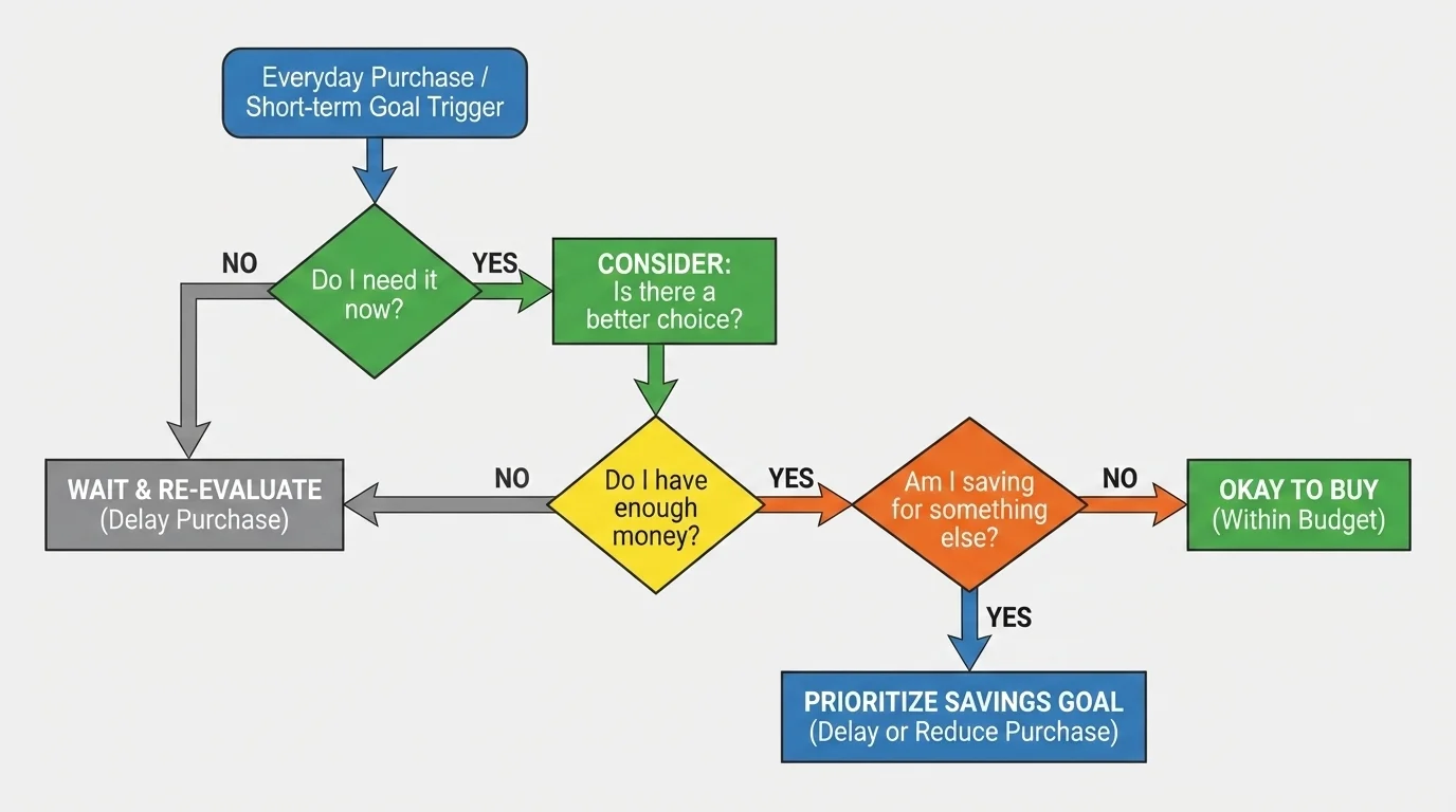 before-you-buy decision flow with boxes asking Do I need it now, Do I have enough money, Am I saving for something else, Is there a better choice