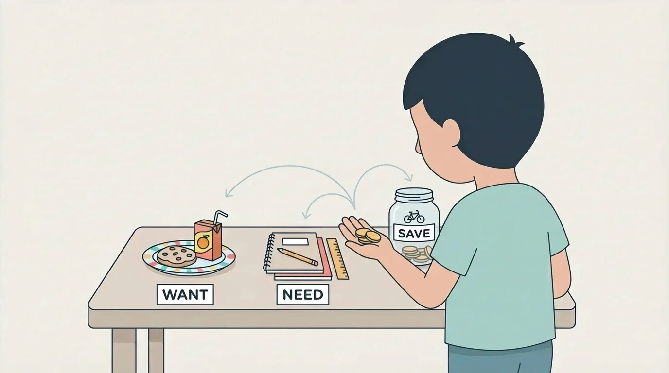 child choosing between a snack, a notebook or school supply, and a savings jar labeled need, want, save