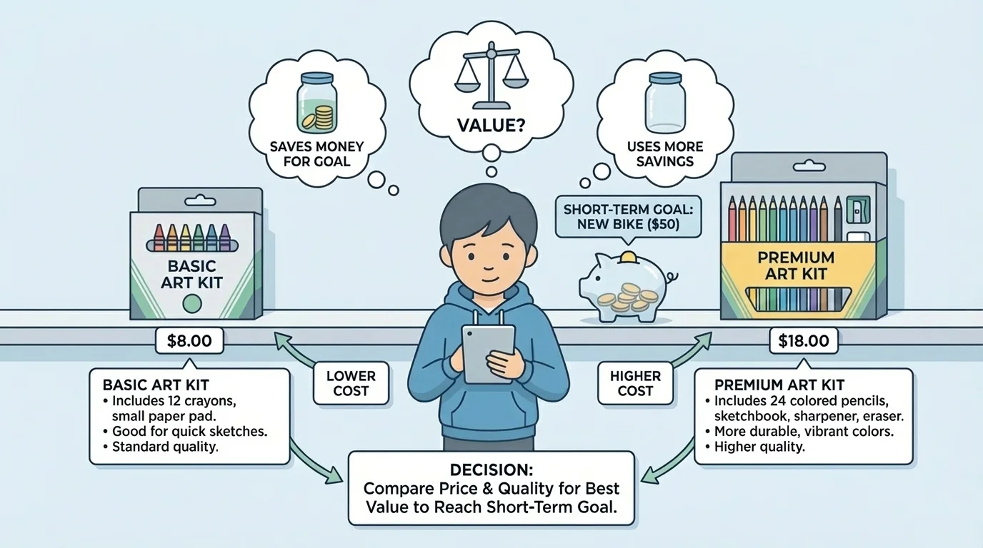 two similar items such as headphones or art kits with different price tags, quality notes, and a child comparing which is the better value