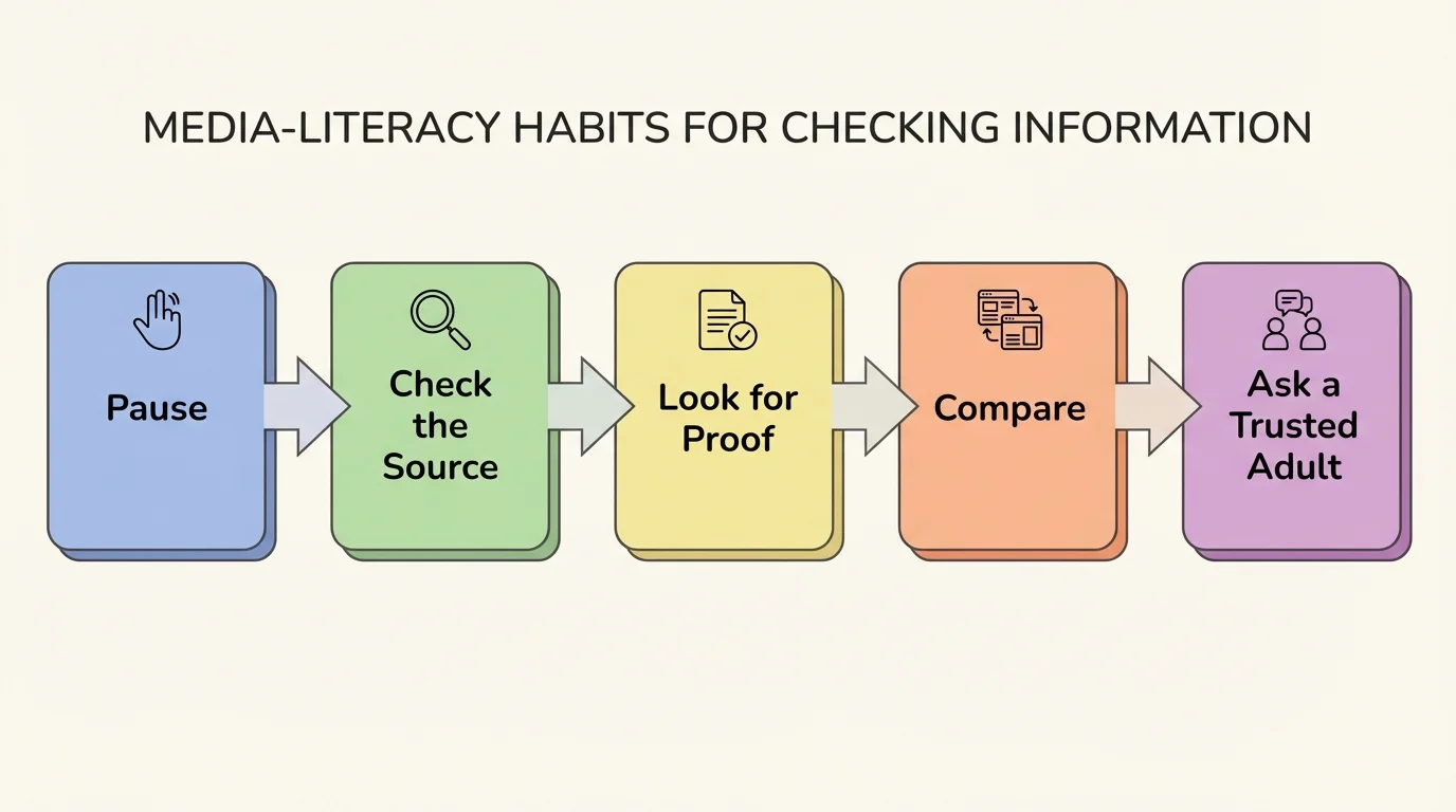 flowchart with five boxes labeled Pause, Check the Source, Look for Proof, Compare, Ask a Trusted Adult, with arrows showing the order