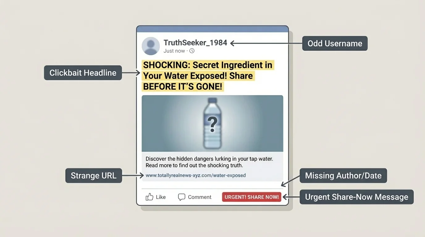 fake-looking social media post with labels pointing to clickbait headline, odd username, strange URL, missing author/date, and urgent share-now message