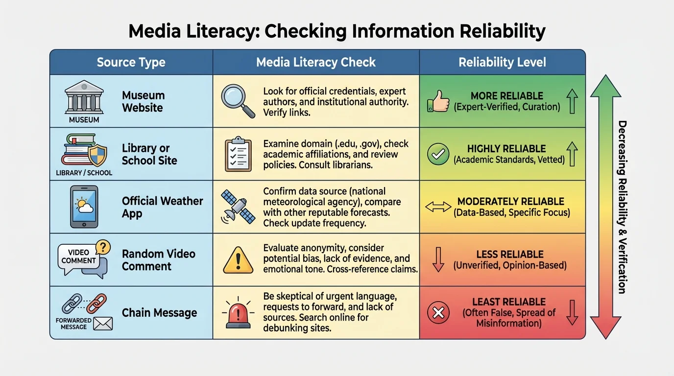 comparison chart with rows for museum website, library or school site, official weather app, random video comment, and chain message, showing more reliable to less reliable