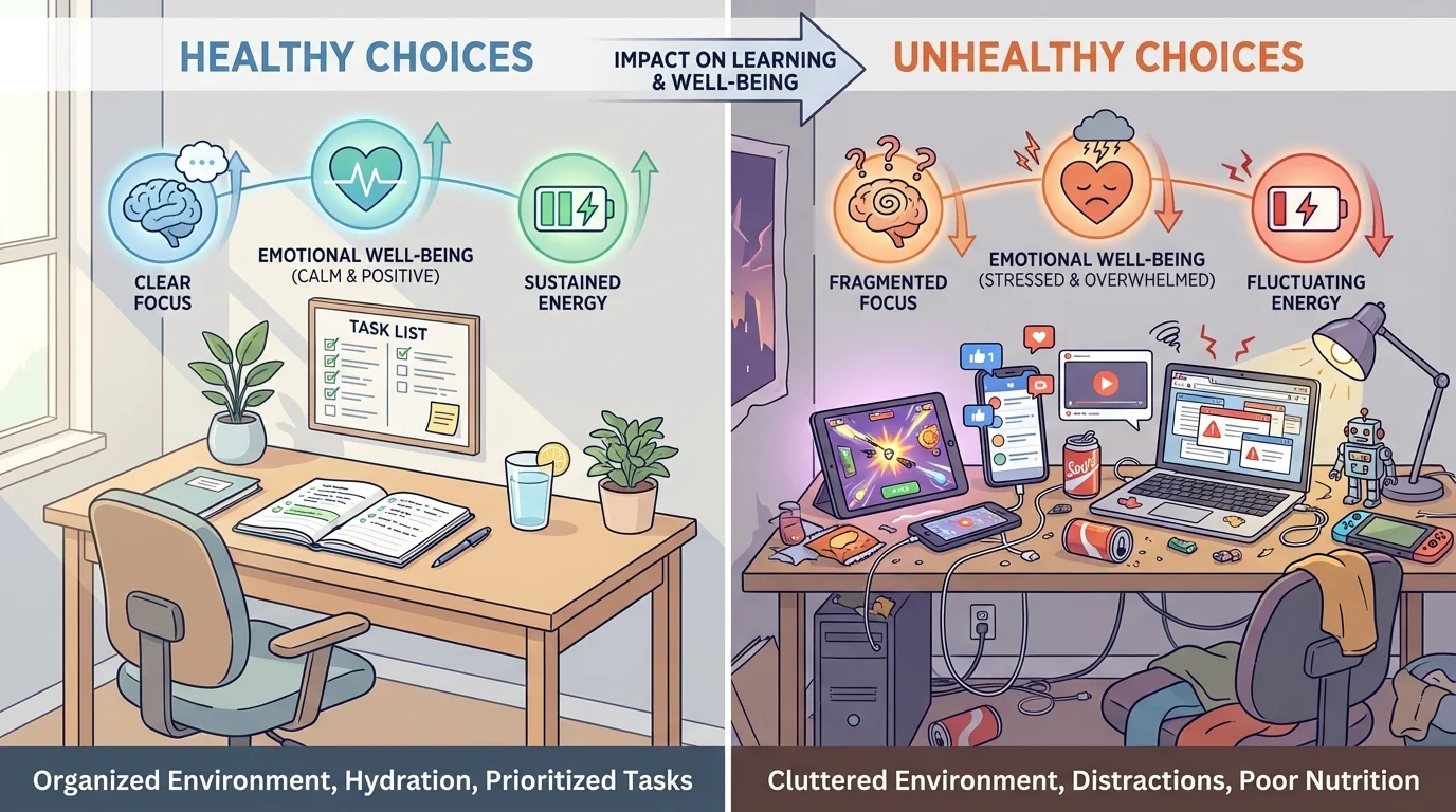 side-by-side home study spaces, one tidy with notebook, water, and task list, one cluttered with noisy distractions, toys, and many open screens