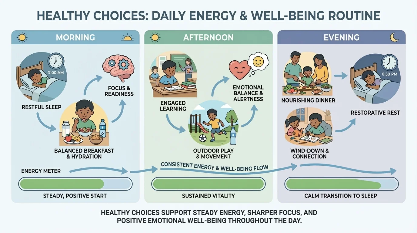 child's daily energy routine with bedtime, breakfast, water bottle, outdoor play, and a steady energy meter across morning, afternoon, and evening