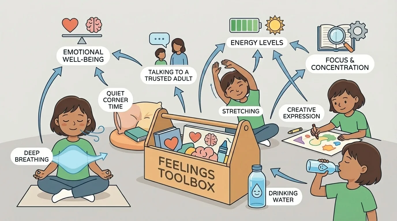 child using a feelings toolbox with breathing, stretching, drawing, talking to a trusted adult, quiet corner, and drinking water