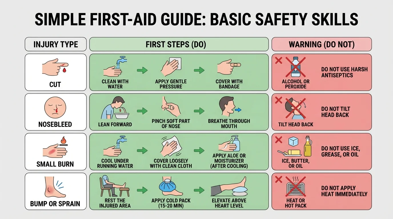 Simple first-aid chart with four rows for cut, nosebleed, small burn, and bump or sprain, each showing first steps and a short do-not-do warning