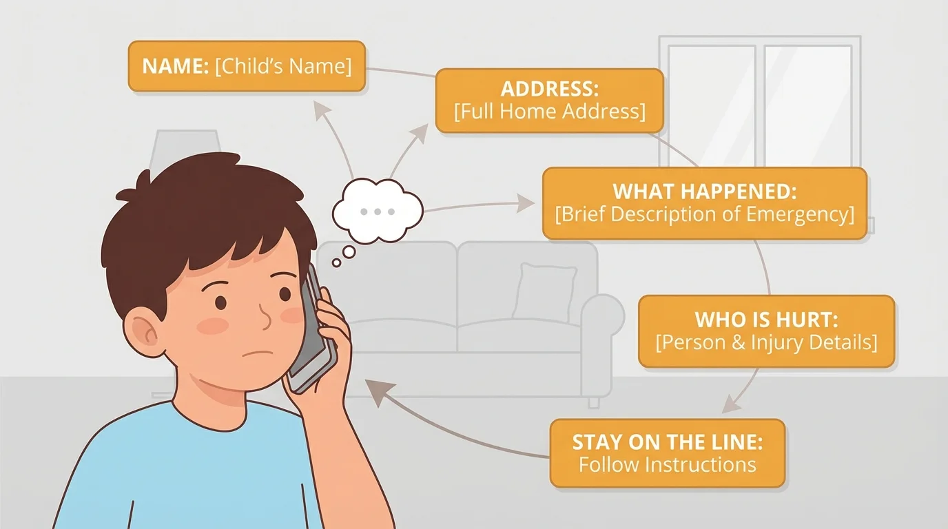 Child speaking on a phone with short labels showing name, address, what happened, who is hurt, and stay on the line