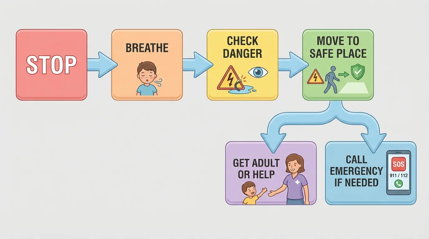 Child-friendly emergency response flowchart with boxes labeled Stop, Breathe, Check danger, Move to safe place, Get adult or help, Call emergency if needed