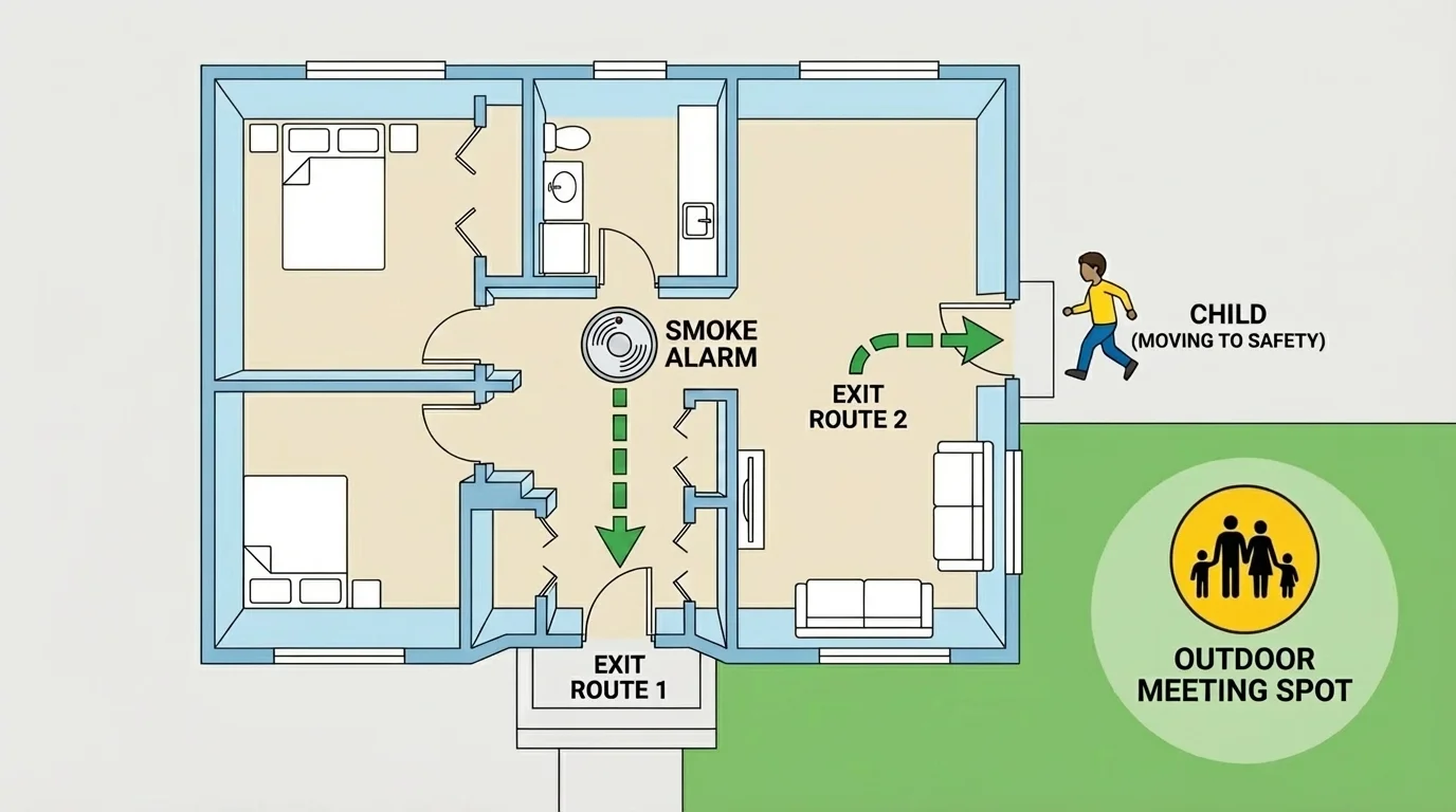 Simple home floor plan with smoke alarm, two exit routes, child moving outside, and a marked outdoor meeting spot