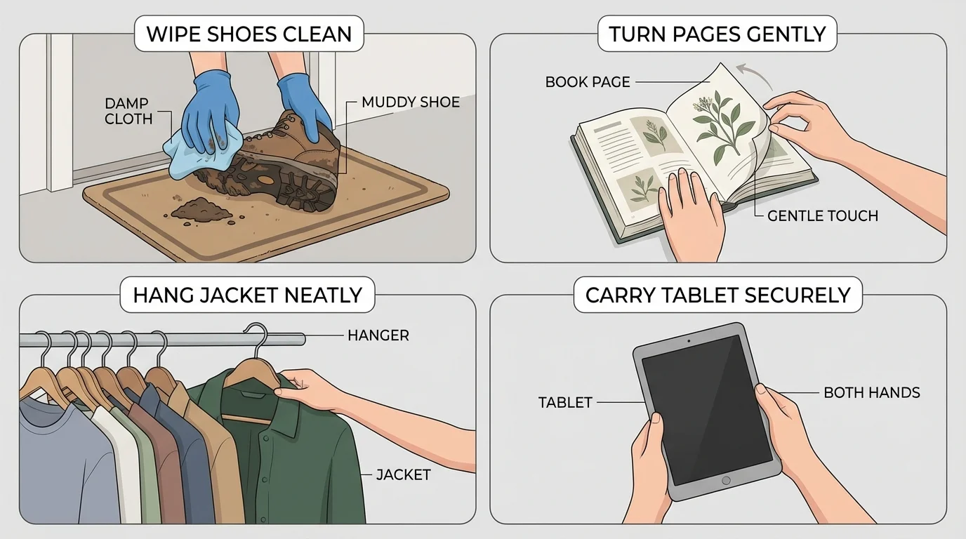 four-panel illustration showing wiping shoes, turning book pages gently, hanging a jacket, and carrying a tablet with two hands