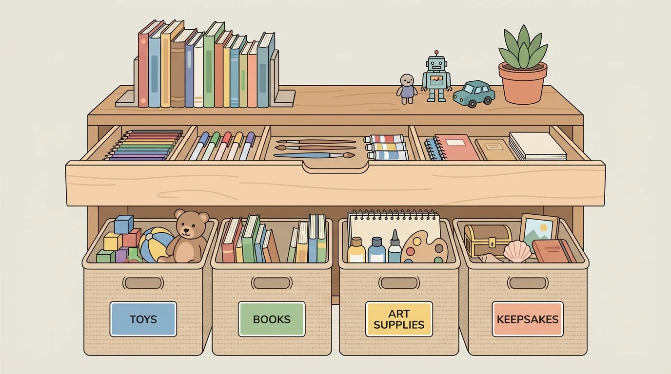 tidy shelf, drawer, and bins labeled toys, books, art supplies, and keepsakes