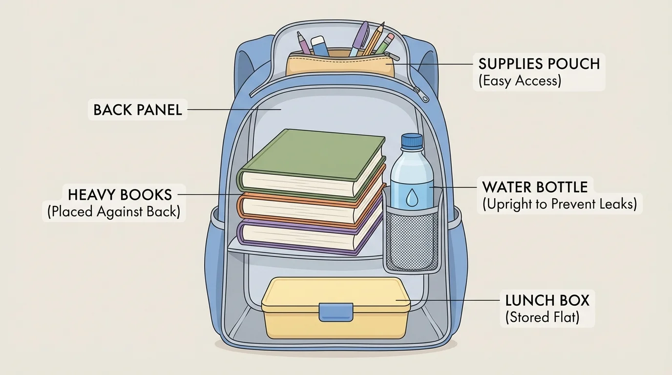 child's backpack open with labeled sections showing heavy books near the back, water bottle upright, lunch box flat, small pouch for supplies