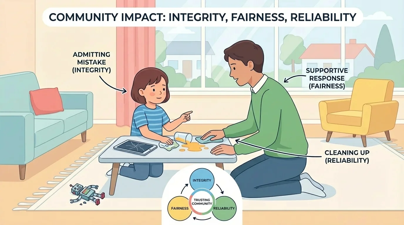 Child admitting a mistake to a parent while cleaning up a spill near a tablet, showing honesty and responsibility