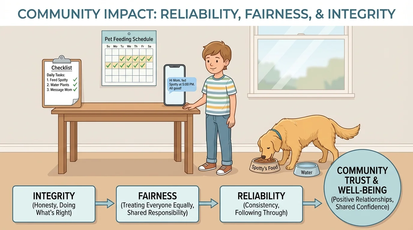 Child using a calendar and checklist to finish a pet-feeding job and message a family member about timing