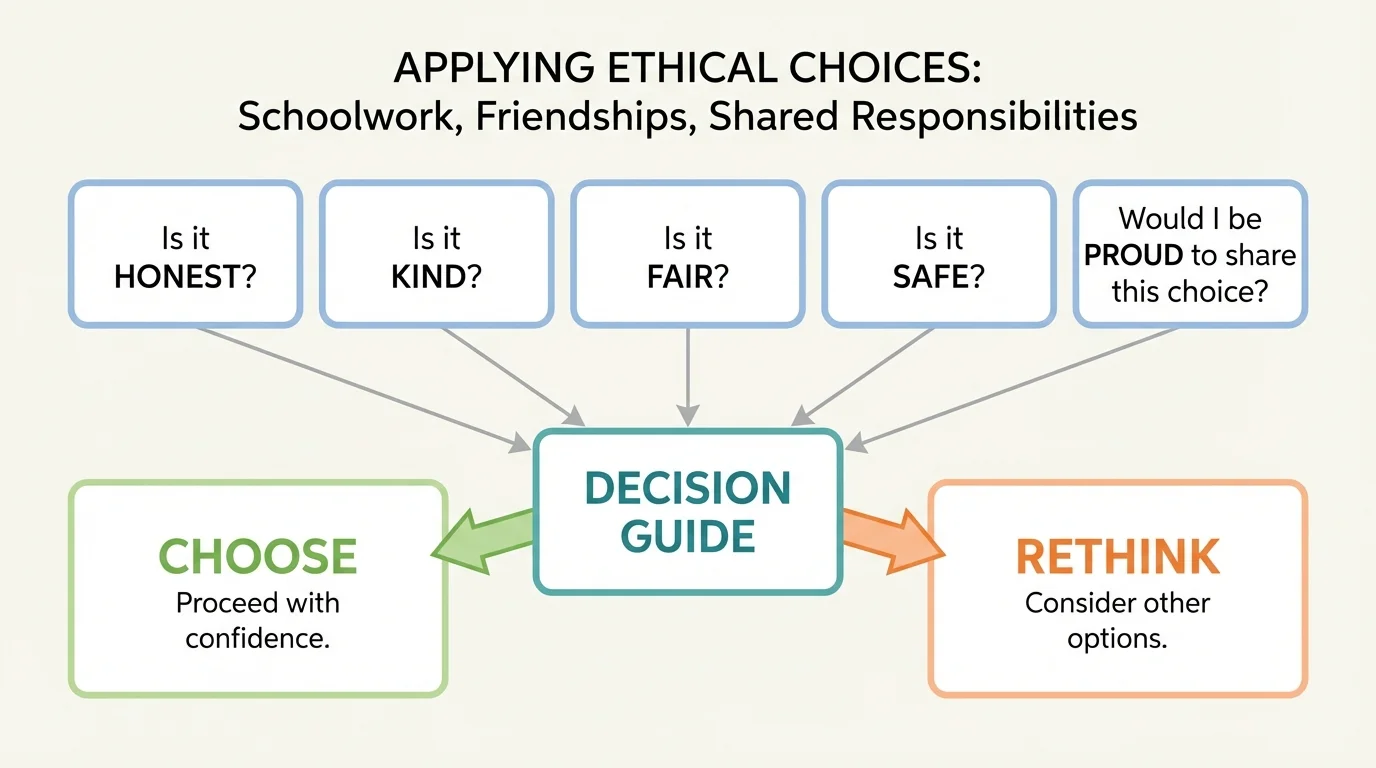 ethics decision guide with boxes asking Is it honest, Is it kind, Is it fair, Is it safe, Would I be proud to share this choice, ending with choose or rethink
