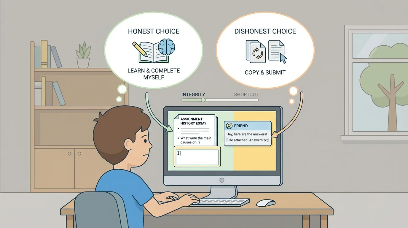 child at home computer deciding between copying answers from a message and completing an assignment honestly, with simple thought bubbles for honest choice and dishonest choice