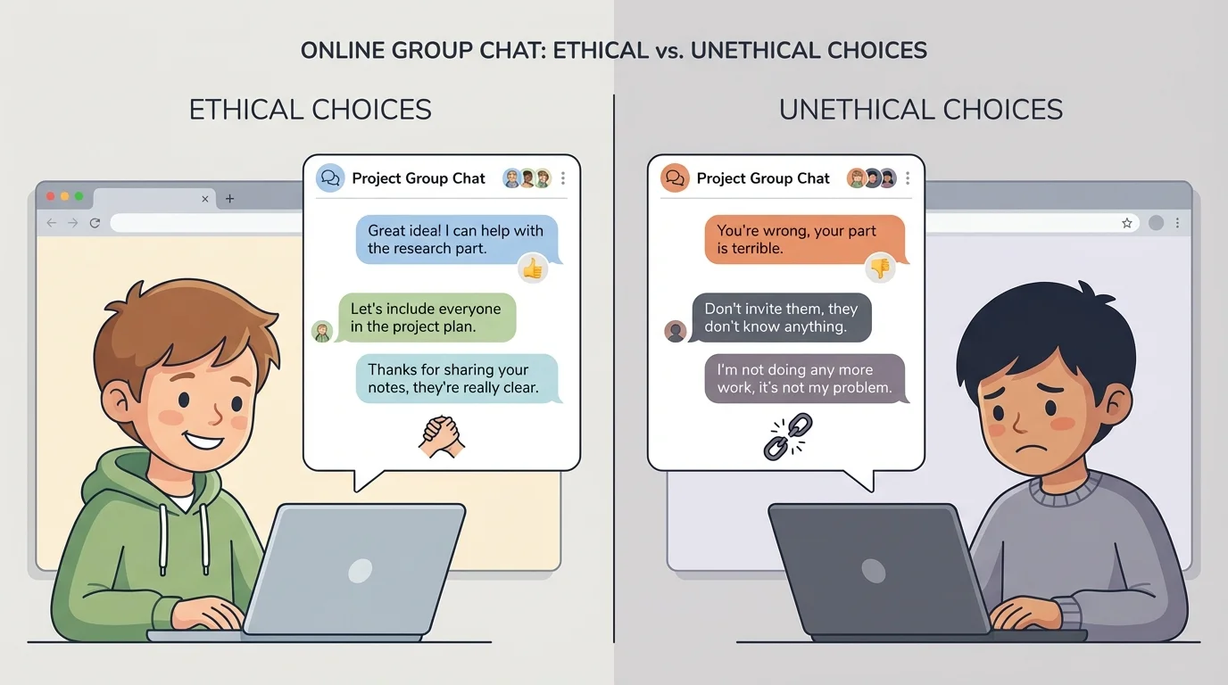 split-screen online group chat with one side showing kind, inclusive messages and smiling child, other side showing hurtful messages and upset child