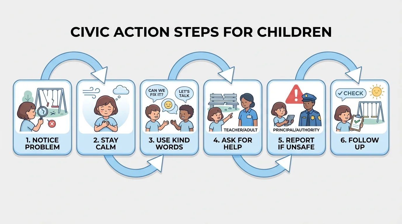 flowchart showing steps for a child: notice problem, stay calm, use kind words, ask for help, report if unsafe, and follow up