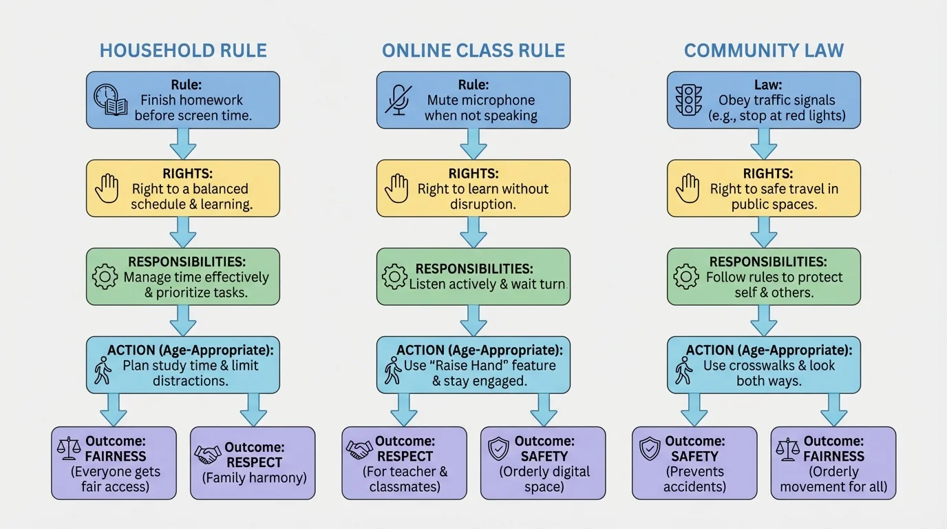 flowchart comparing a household rule, an online class rule, and a community law, each leading to outcomes like safety, respect, and fairness