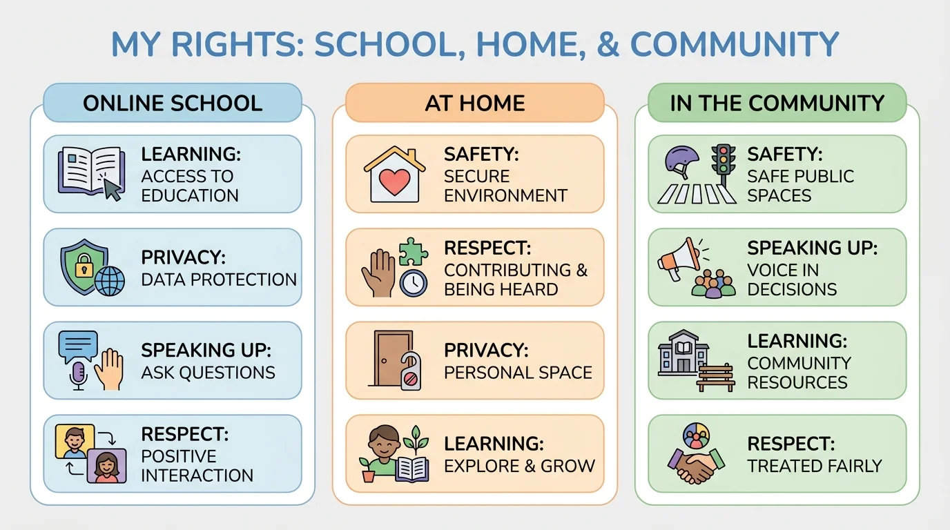 chart showing a child's rights in online school, at home, and in the community, with icons for safety, respect, learning, privacy, and speaking up