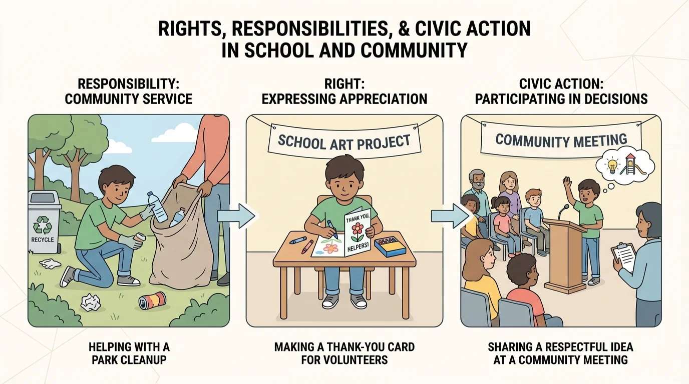 illustration of a child helping at a park cleanup, making a thank-you card for helpers, and sharing a respectful idea at a community meeting