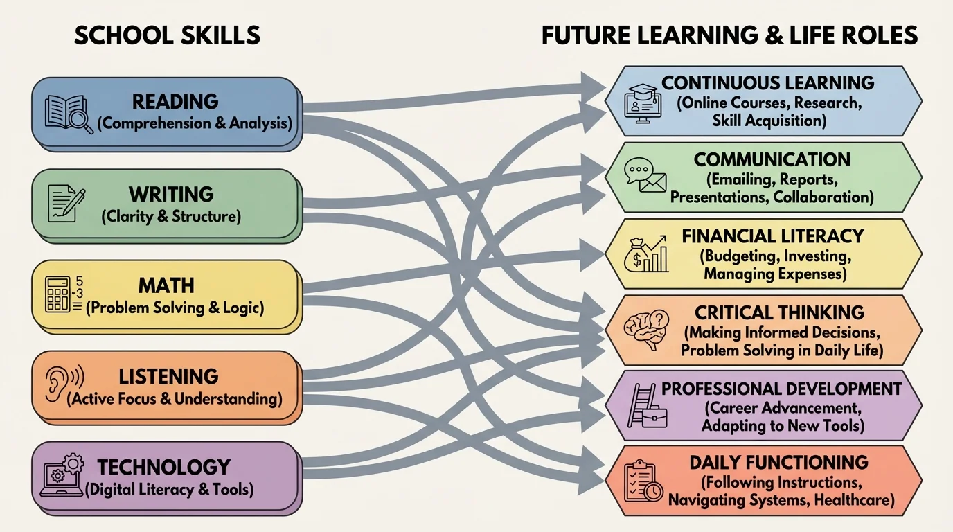 chart showing school skills like reading, writing, math, listening, and technology linked by arrows to future uses such as following instructions, emailing, budgeting, and online learning