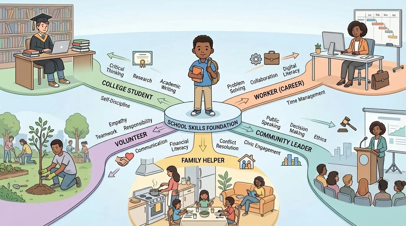 illustration showing a child in the center with paths leading to future roles such as college student, worker, volunteer, family helper, and community leader