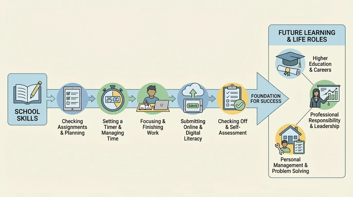 flowchart showing a child checking assignments, setting a timer, finishing work, submitting online, and checking it off a list