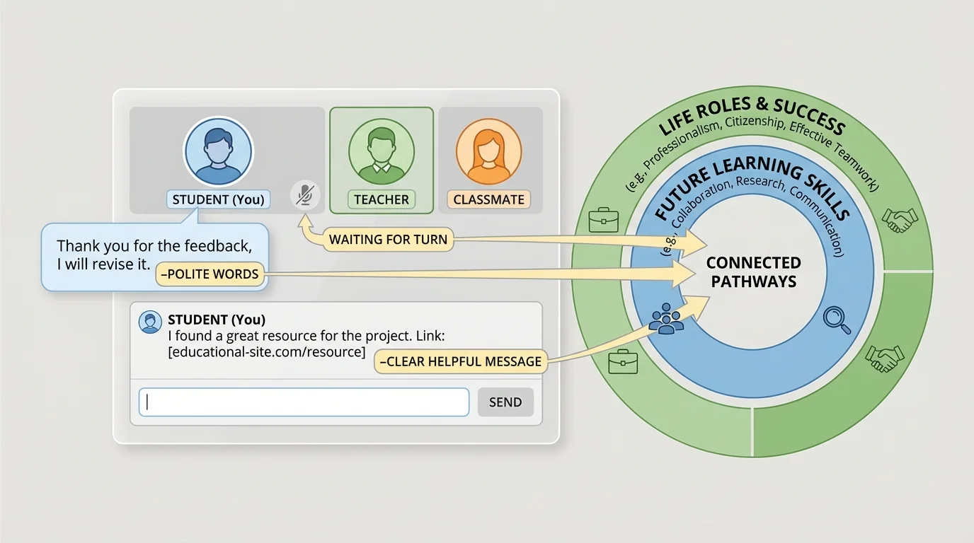 illustration of a student on a video call using polite words, waiting for a turn, and sending a clear helpful message in chat
