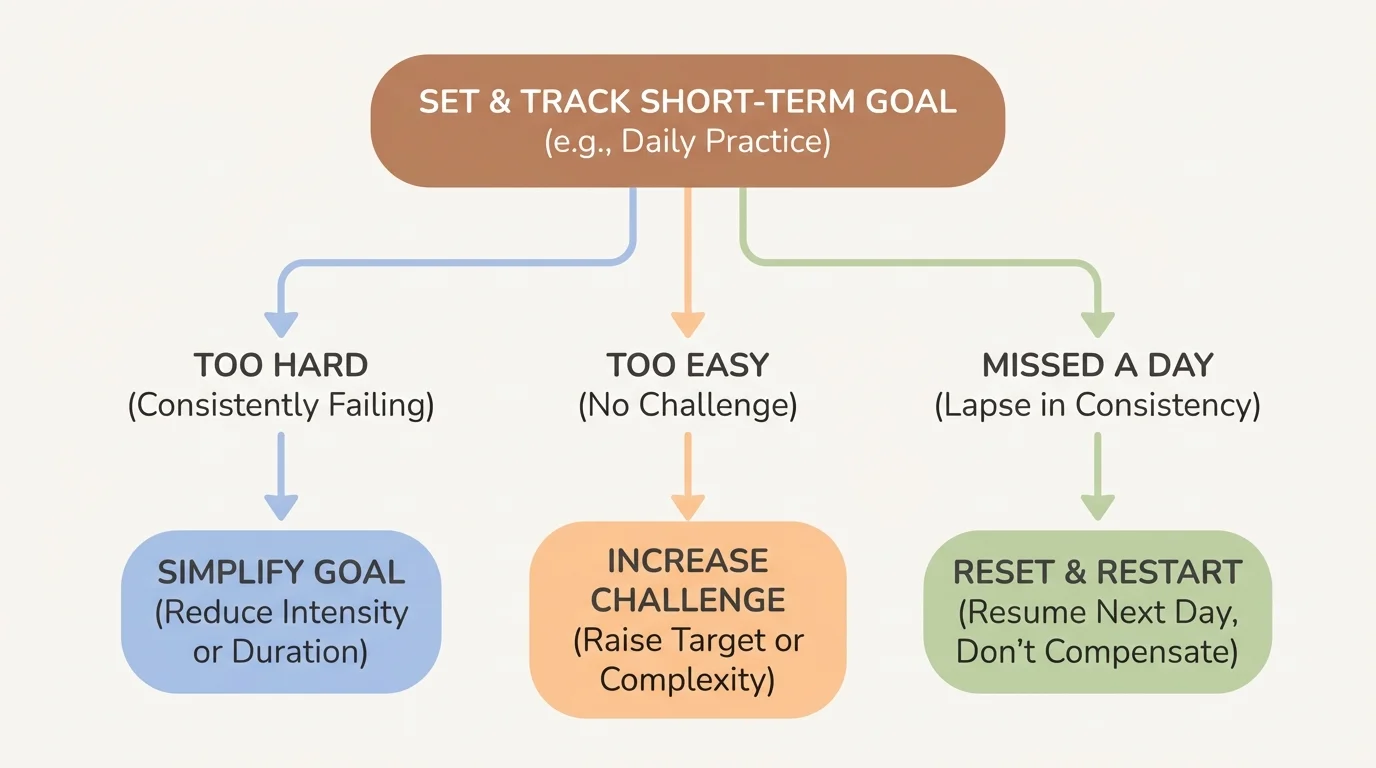 decision tree with branches labeled 'too hard,' 'too easy,' and 'missed a day,' each leading to a simple adjustment choice
