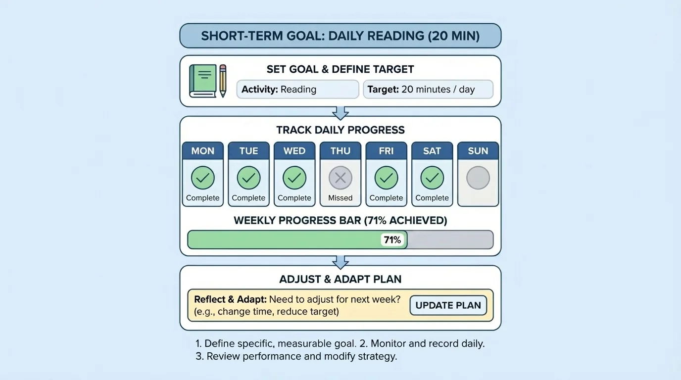 weekly goal tracker with days of the week, check marks, and a simple progress bar for reading or chores