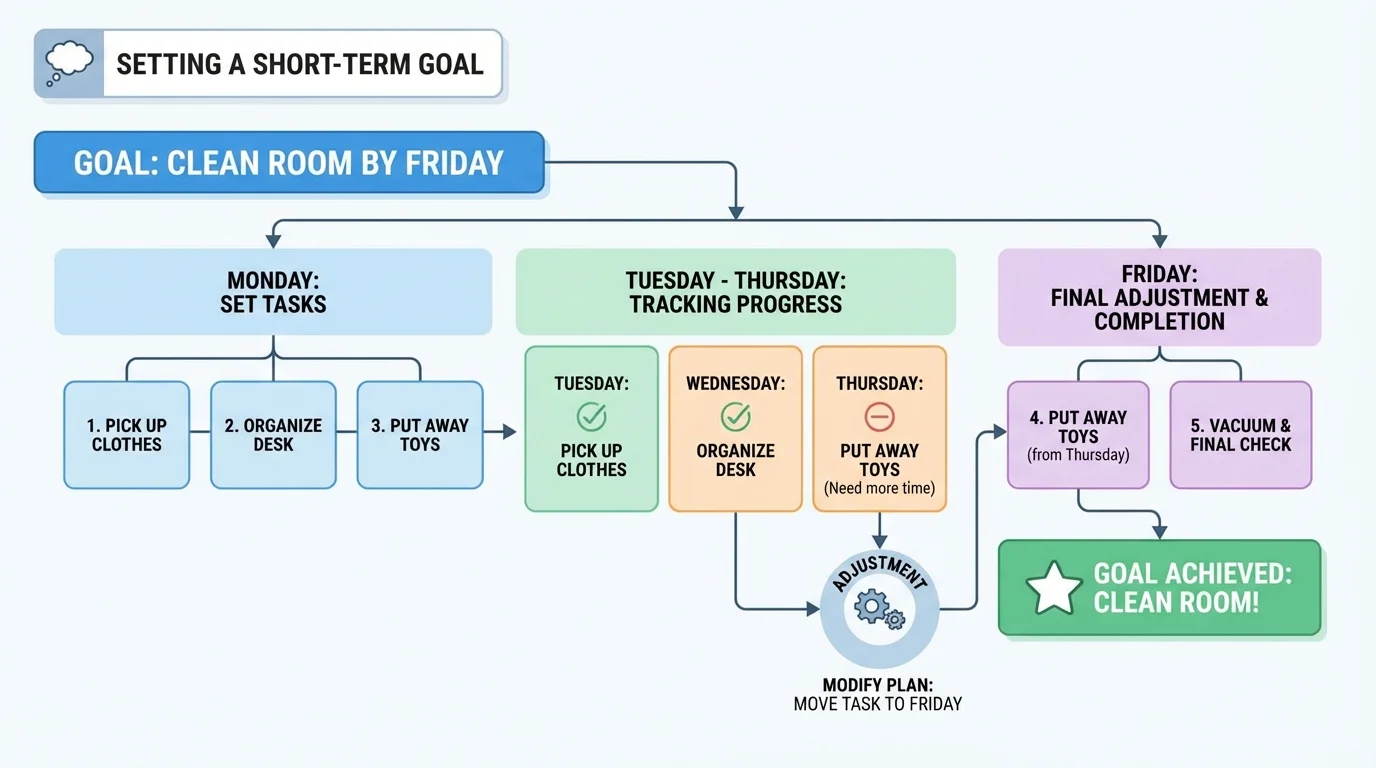 child's short-term goal 'clean room by Friday' broken into smaller tasks across several days with arrows from one step to the next