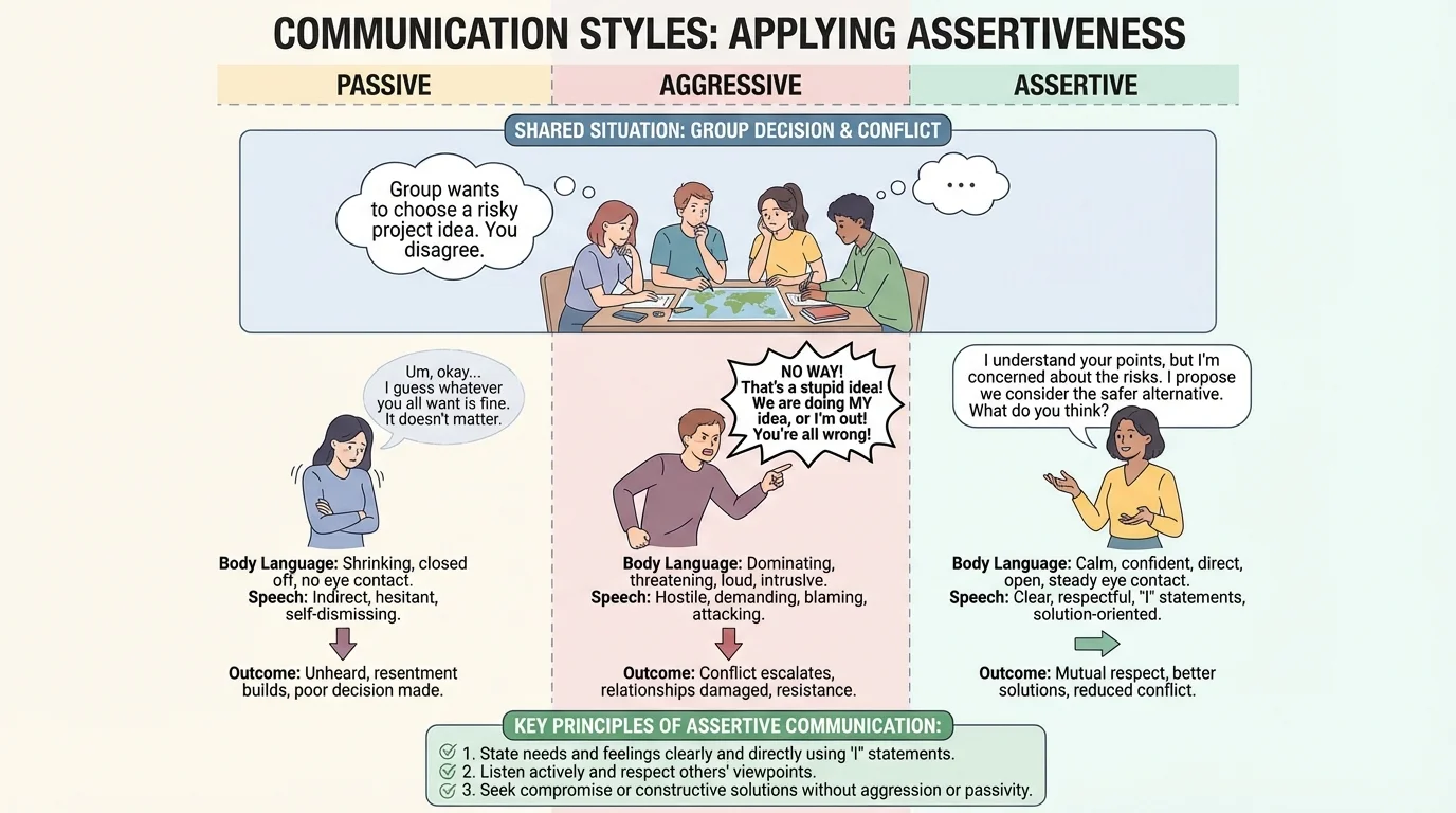 Comparison chart showing one shared situation with passive, aggressive, and assertive speech bubbles and body language