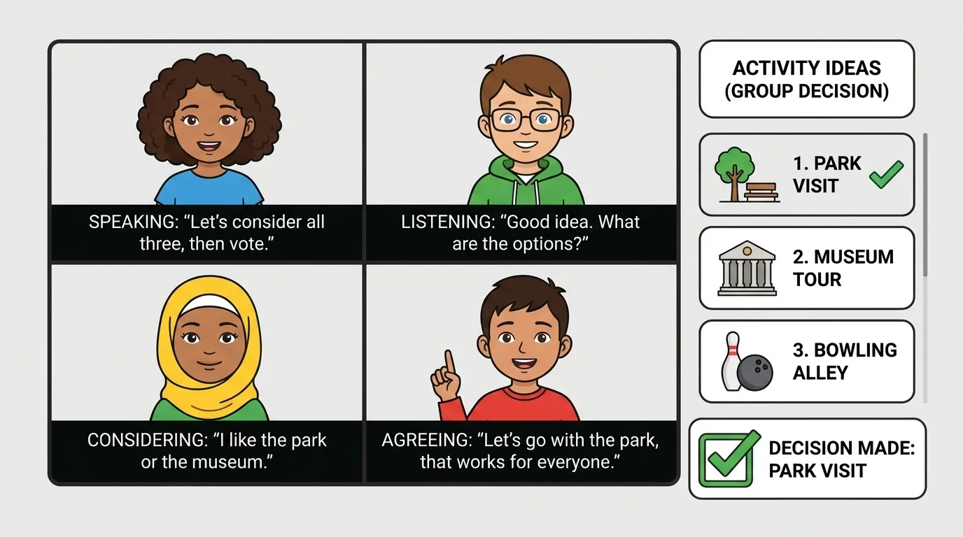 Illustration of kids on a video call deciding between three activity ideas, taking turns and agreeing on a plan