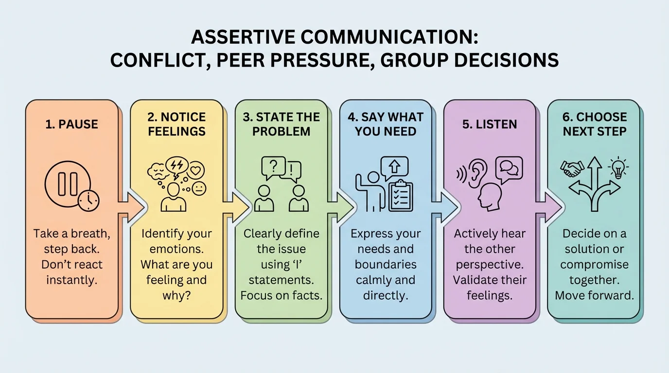 Flowchart of six steps: pause, notice feelings, state the problem, say what you need, listen, choose next step