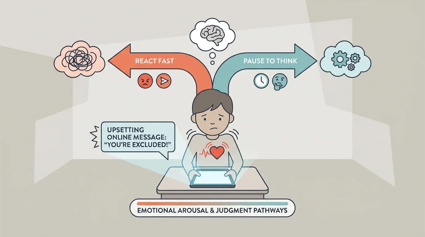 Child reading an upsetting online message on a tablet, with visible body clues like fast heartbeat, tense shoulders, and two choice arrows labeled react fast and pause to think