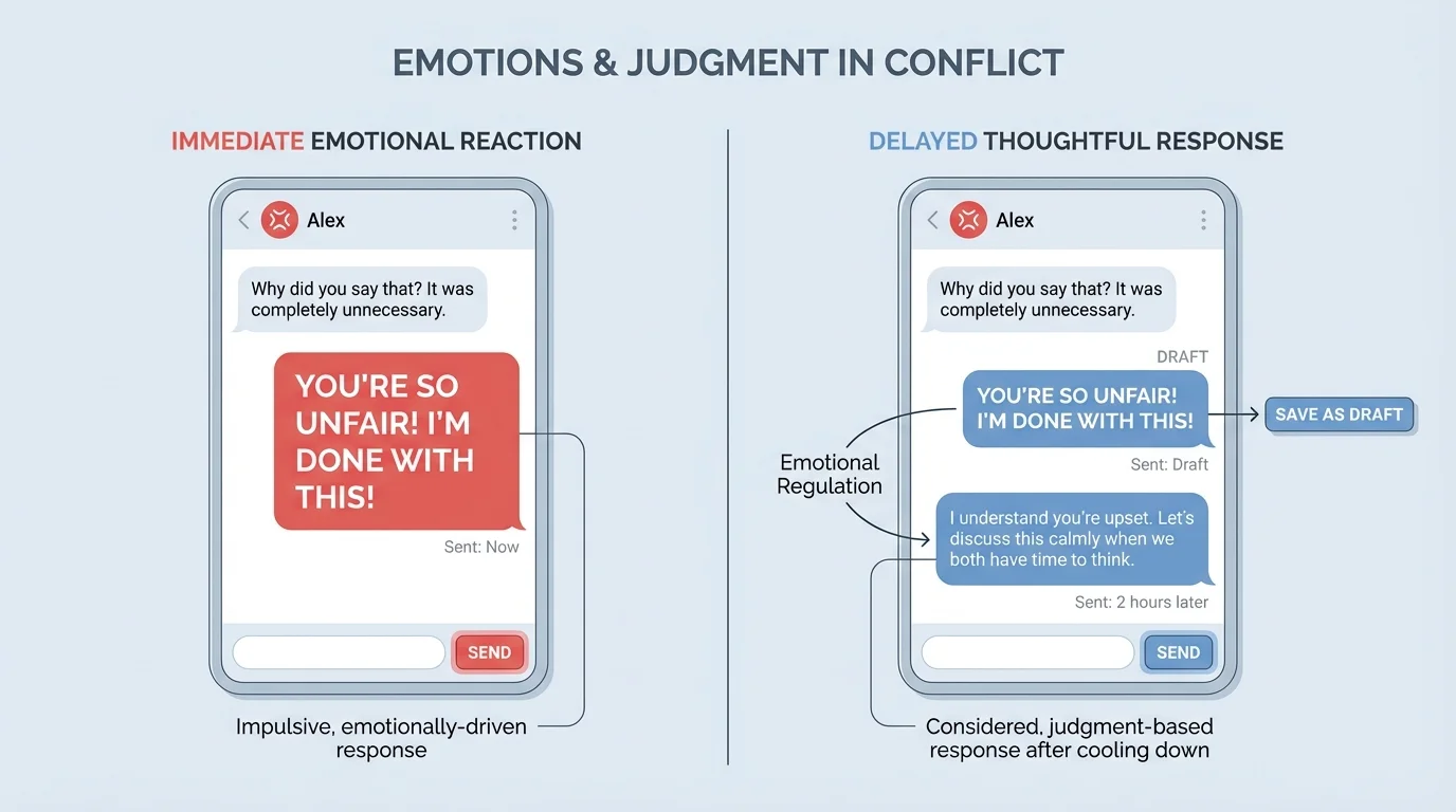 Split-screen chat app comparison, left side showing immediate angry all-caps reply, right side showing message saved as draft and calm reply sent later