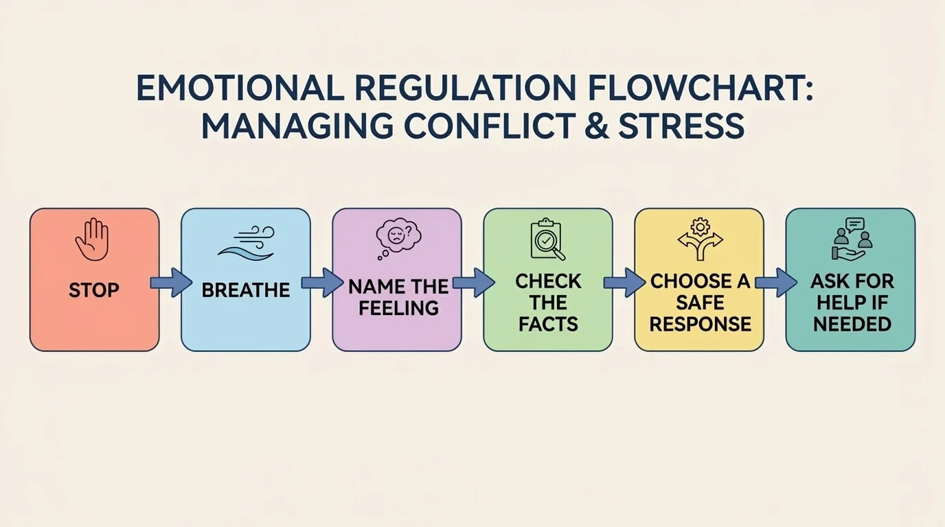 Flowchart with boxes labeled Stop, Breathe, Name the feeling, Check the facts, Choose a safe response, Ask for help if needed
