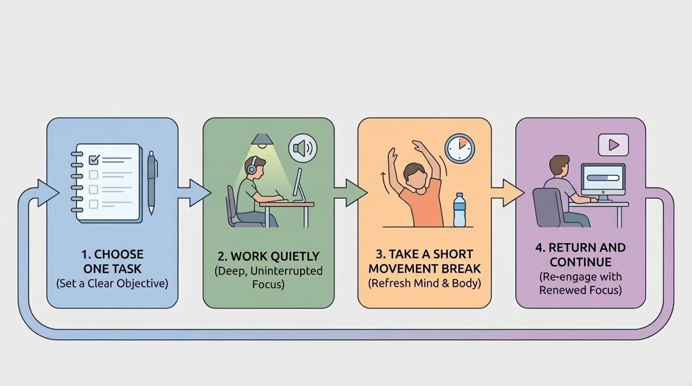 Flowchart of a simple focus cycle: choose one task, work quietly, take a short movement break, return and continue