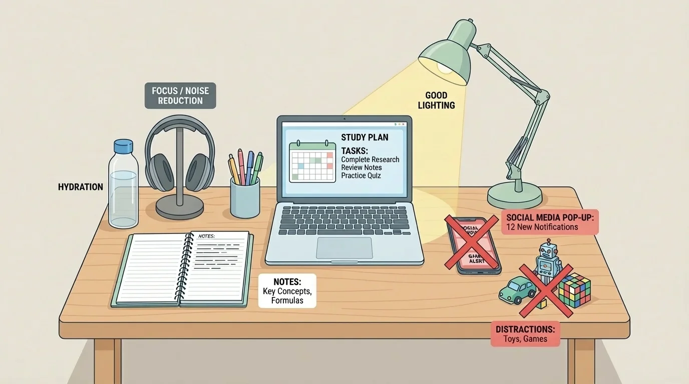 Illustration of a student's home study desk with laptop, notebook, water, headphones, good lighting, and crossed-out distractions like toys and notification pop-ups