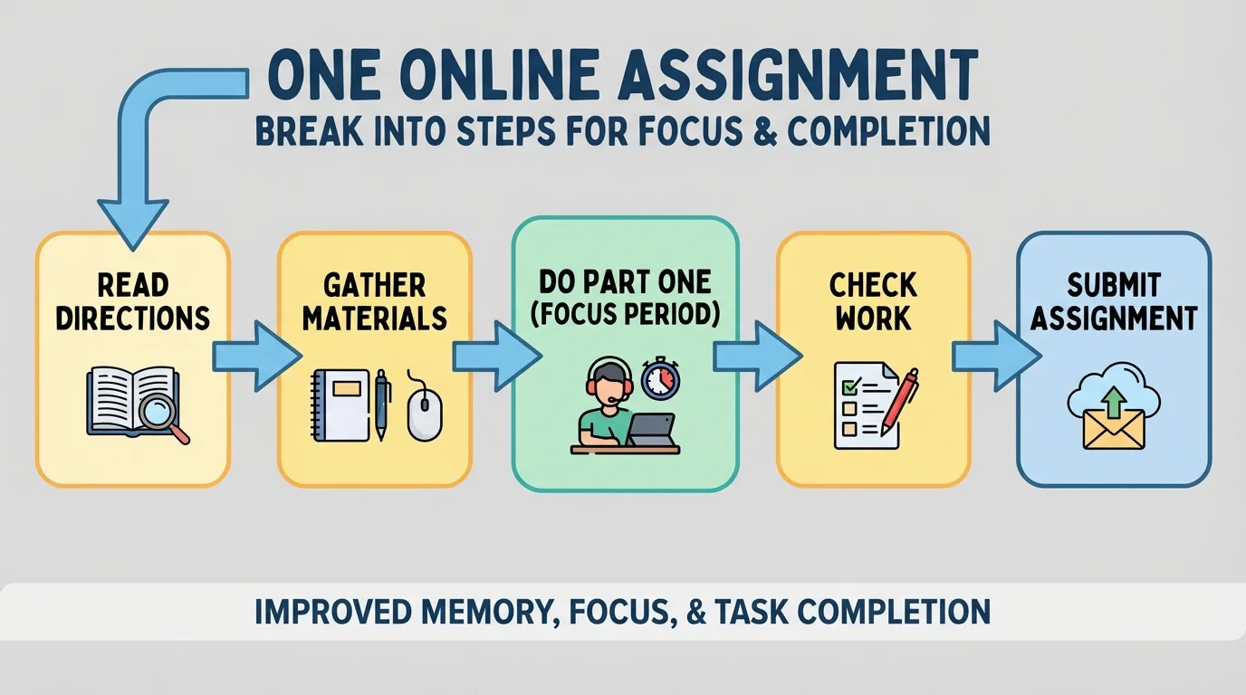 Flowchart showing one online assignment broken into steps: read directions, gather materials, do part one, check work, submit