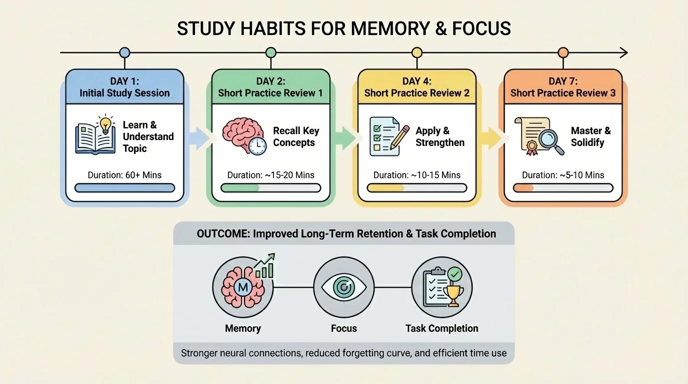 Chart showing the same topic reviewed on day 1, day 2, day 4, and day 7 with short practice sessions