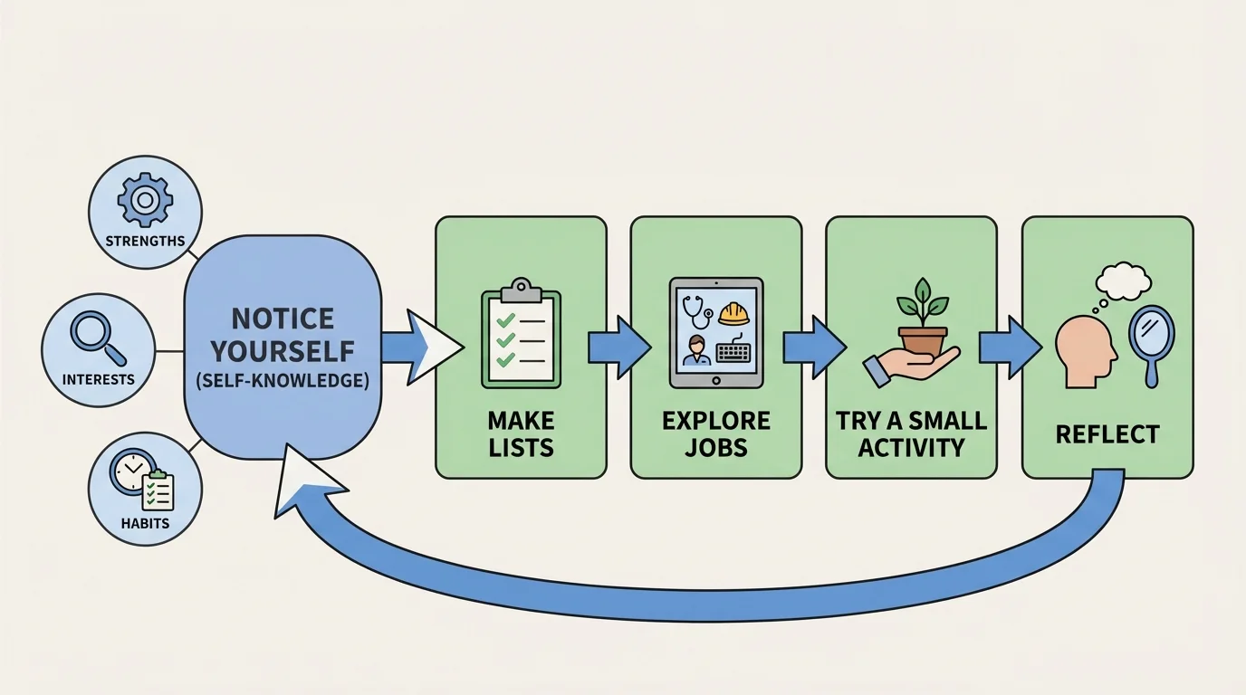 career exploration steps from notice yourself to make lists, explore jobs, try a small activity, and reflect
