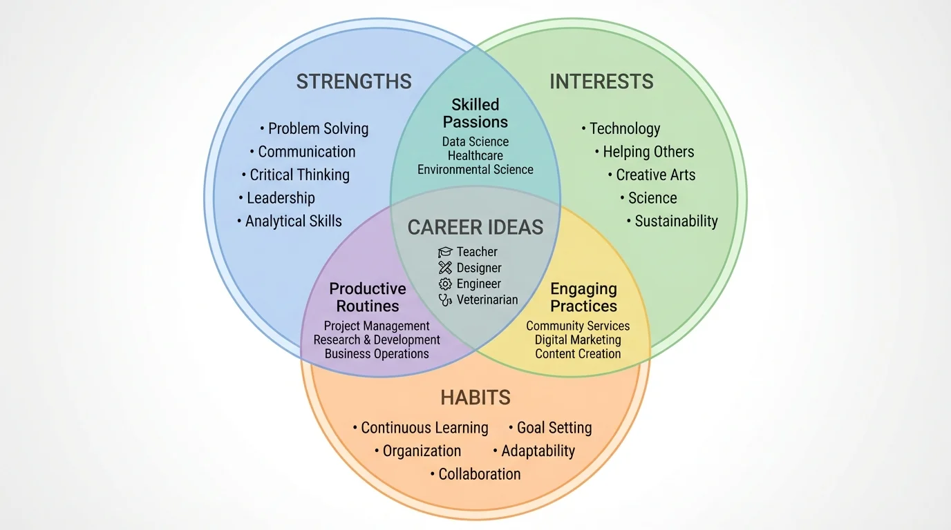 three overlapping circles labeled strengths, interests, habits, with examples in each circle and career ideas such as teacher, designer, engineer, veterinarian in the center overlaps